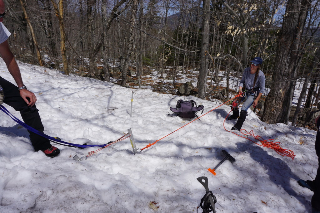 Testing a snow anchor in the rapidly melting spring New Hampshire snow.